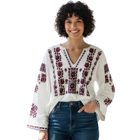 🐢Anthropology Tiny size M Agatha boho Embroidered White& Burgundy Women's Top - Picture 3 of 11